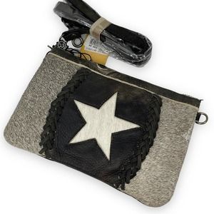 Black Grey Leather Horsehair Star Western Wristlet Crossbody Clutch Bag